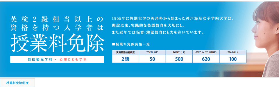 英検２級相当以上資格取得者 授業料免除制度